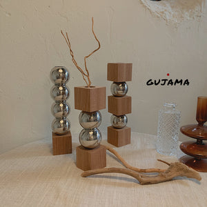 Custom GUJAMA original Nordic geometric solid wood stainless steel flower arrangementware swing home tabletop decorative vase ins